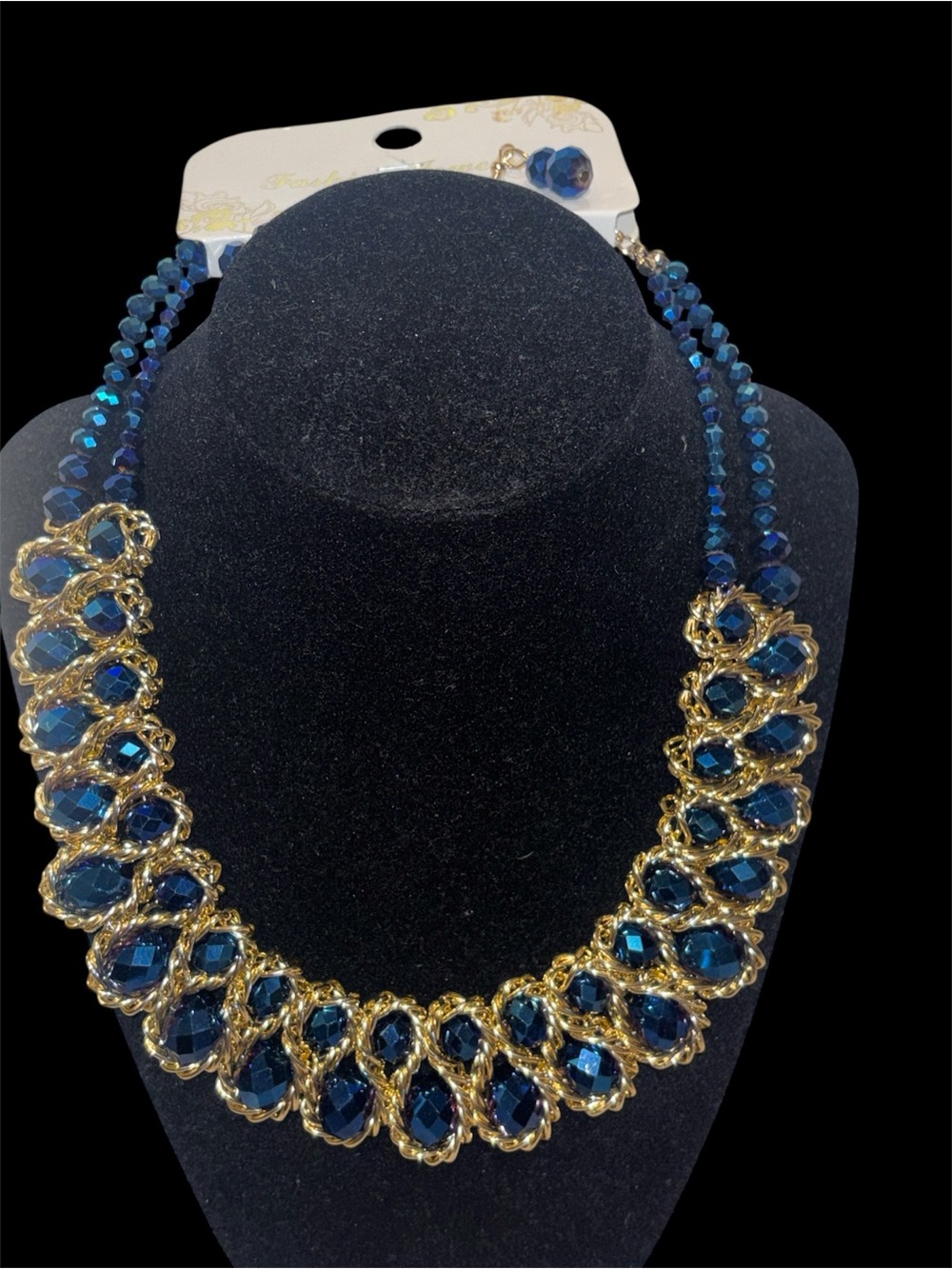 Gold and Blue Crystal Statement Necklace earrings set